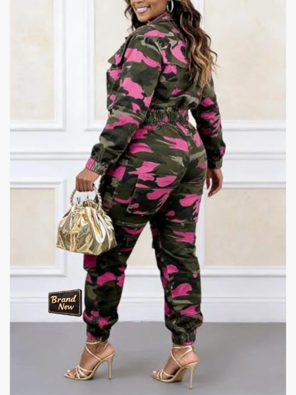 Baggy High Waisted Camo Cargo Pants with Multi Pockets and Jogger Cuffs